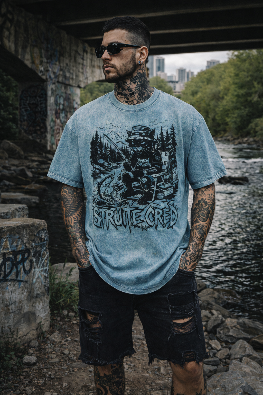 Homme tatoué portant le t-shirt bleu effet Snow Wash Maison Chatnoir, design exclusif StruiteCred Fishing Cat. Coupe oversized et style streetwear radical sous un pont de graffitis au bord d'une rivière.