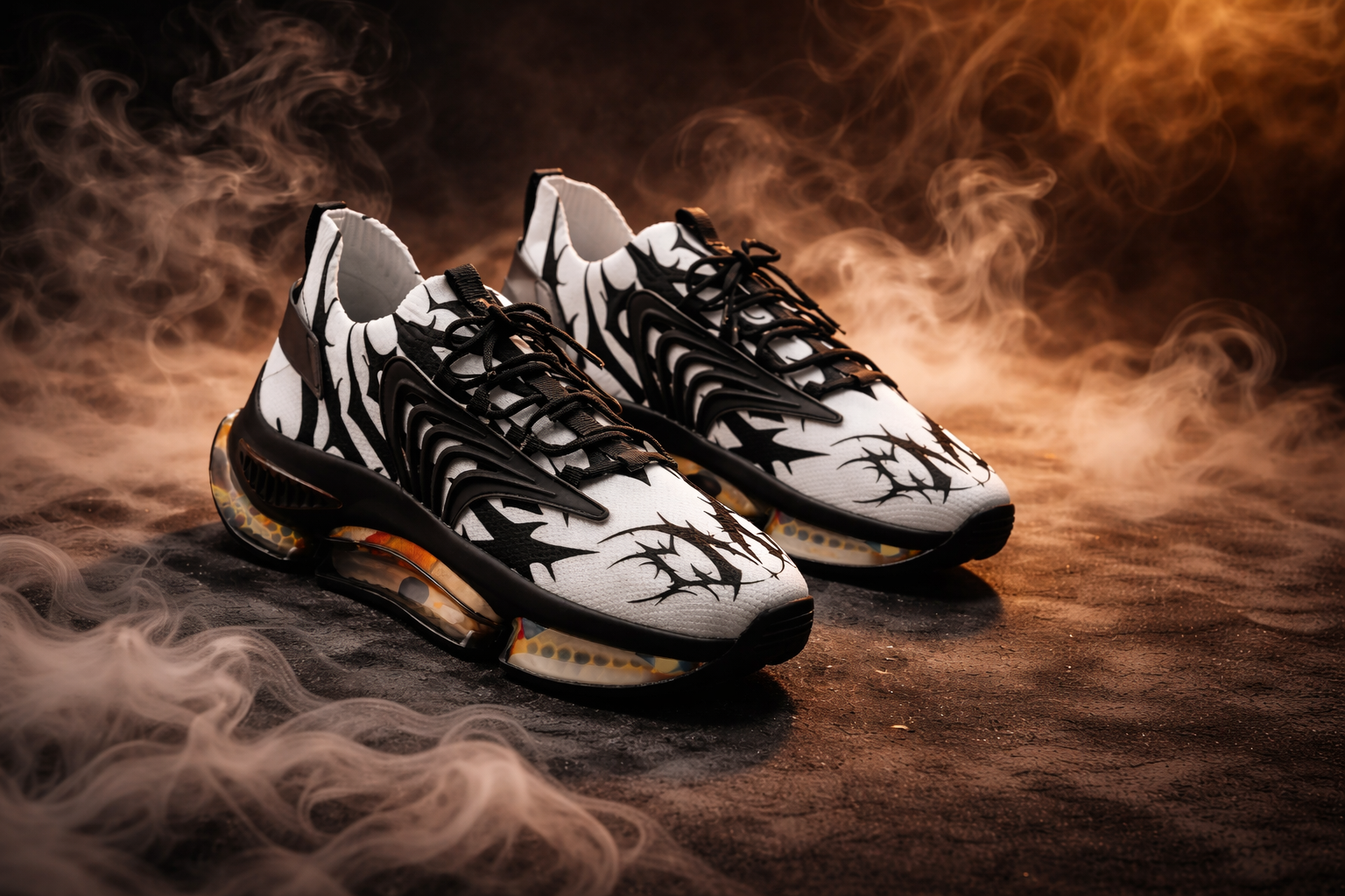 Sneakers techniques Maison Chatnoir blanches avec motifs graphiques noirs organiques, semelles translucides à bulles d'air, présentées dans une atmosphère de fumée dense et éclairage chaud.